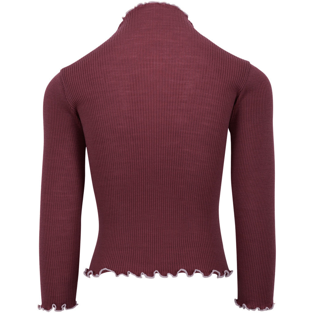 minimalisma Alfina - Children's wool long sleeve mock neck top Blouse for kids Bordeaux with Peony