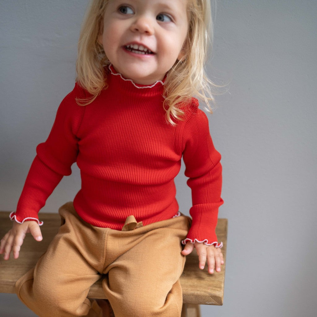 minimalisma Alfina - Children's wool long sleeve mock neck top Blouse for kids Red with Peony