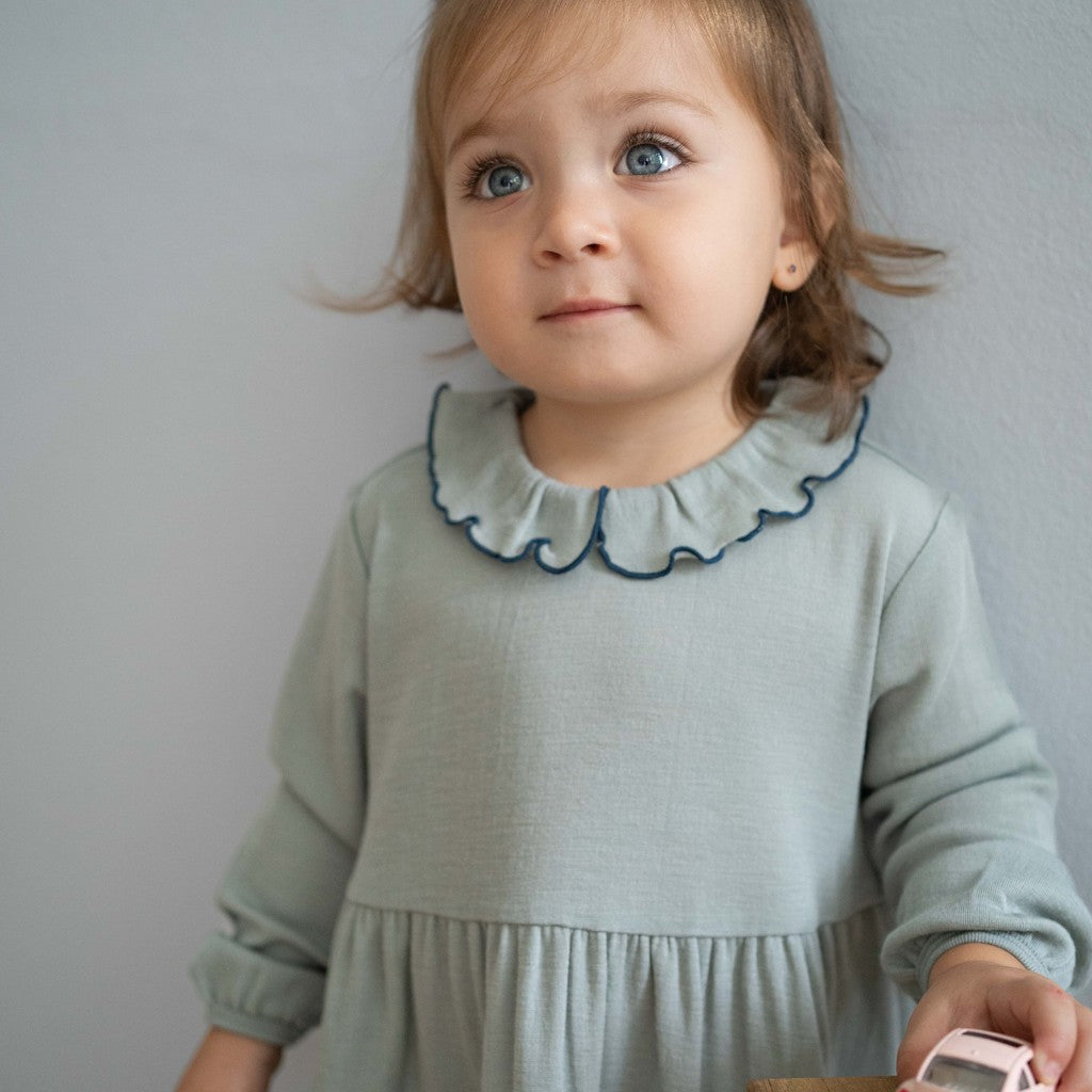 minimalisma Artistic - merino wool long sleeve collared dress for girls Dress Arctic Mist with Midnight contrast
