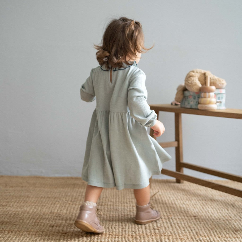 minimalisma Artistic - merino wool long sleeve collared dress for girls Dress Arctic Mist with Midnight contrast