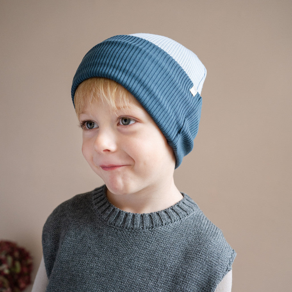 minimalisma Arvid contrast - Children's wool beanie Hat / Bonnet Frost Blue with Surf Blue