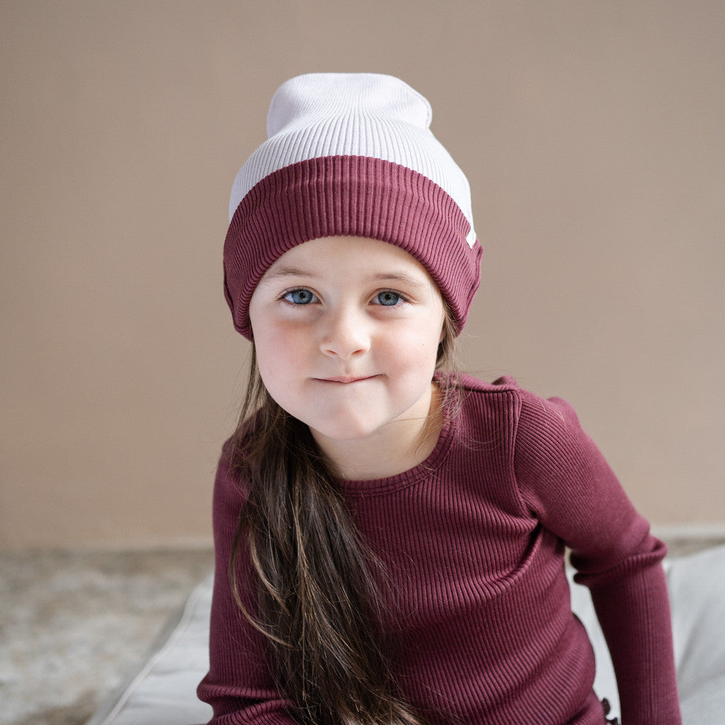 minimalisma Arvid contrast - Children's wool beanie Hat / Bonnet Peony with Bordeaux