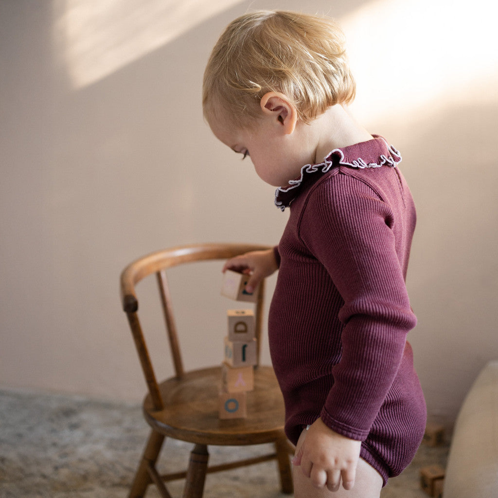 minimalisma Athena - Baby wool long sleeve collared bodysuit Body Bordeaux