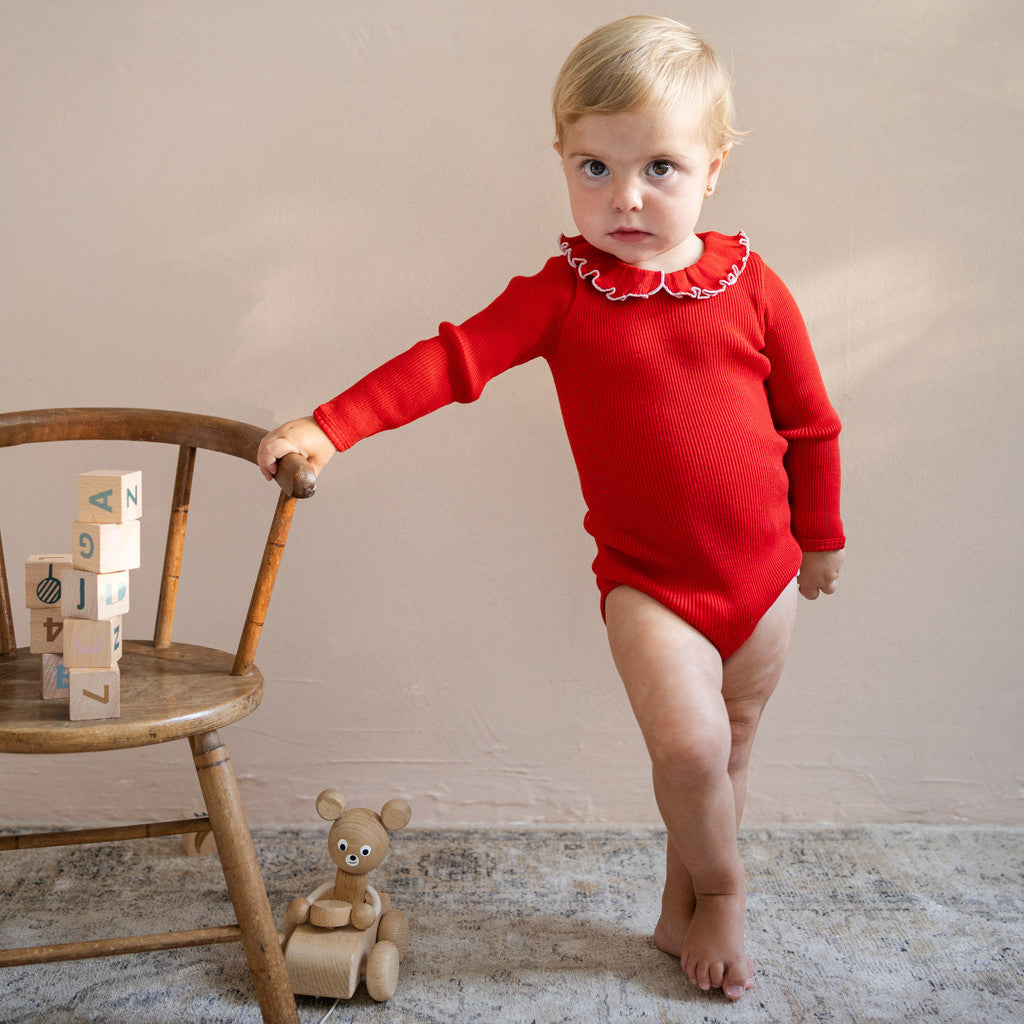 minimalisma Athena - Baby wool long sleeve collared bodysuit Body Red