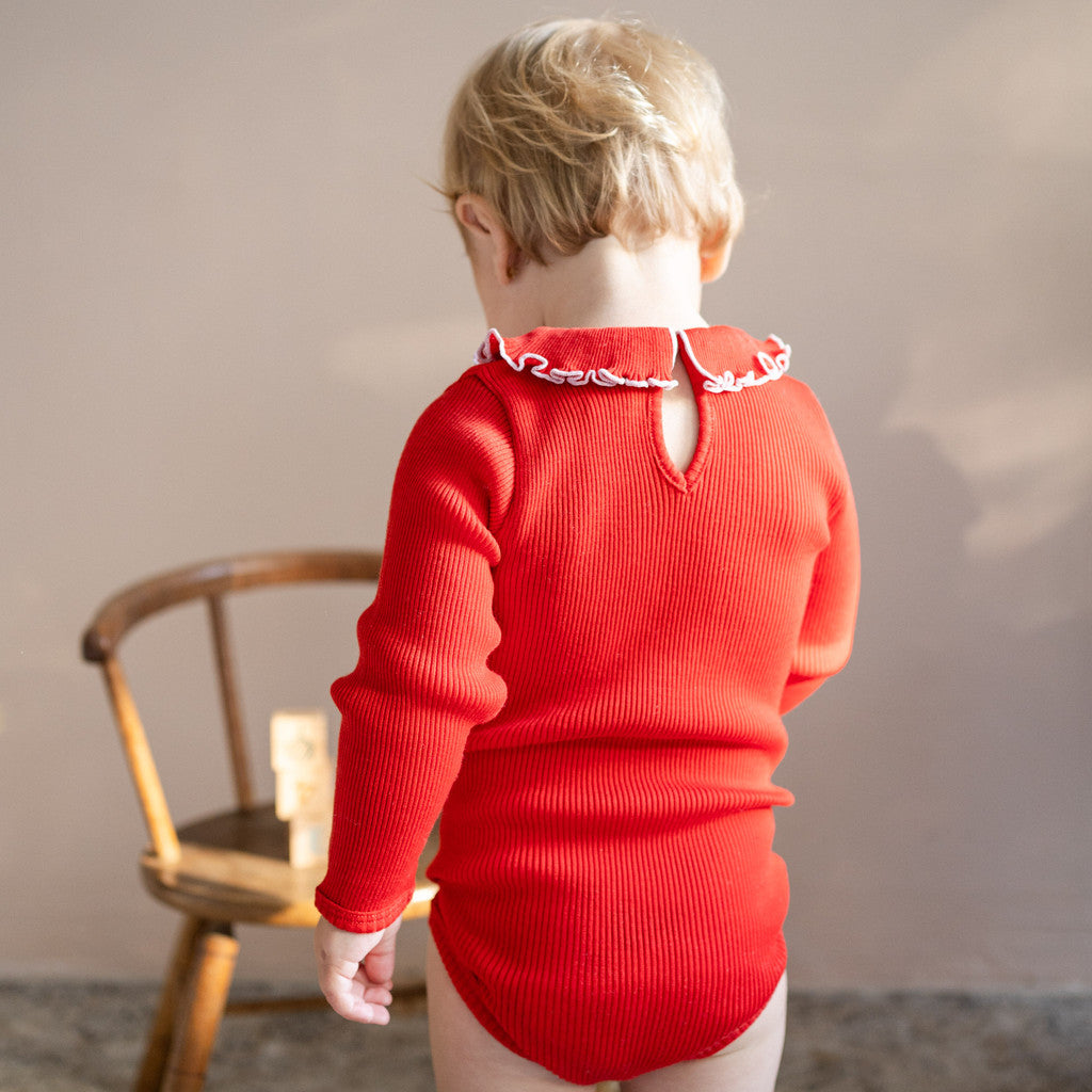 minimalisma Athena - Baby wool long sleeve collared bodysuit Body Red