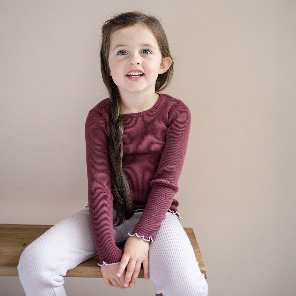 minimalisma Atlantic-frill - Children's wool long sleeve top Blouse for kids Bordeaux with Peony