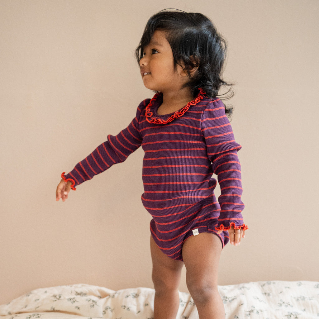 minimalisma Belly - silk long sleeve bodysuit with ruffles Body Blackberry Red Stripes