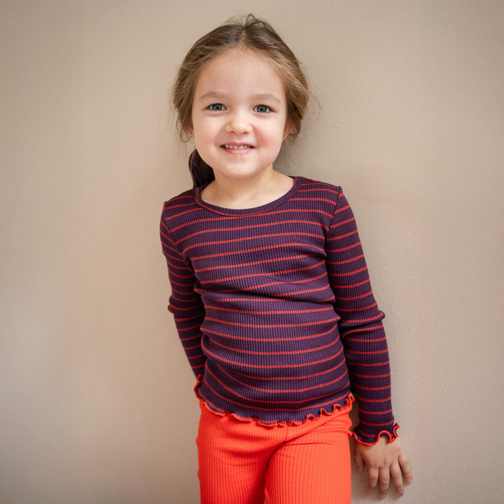minimalisma Bergen-frill - Children's silk long sleeve top Blouse for kids Blackberry Red Stripes