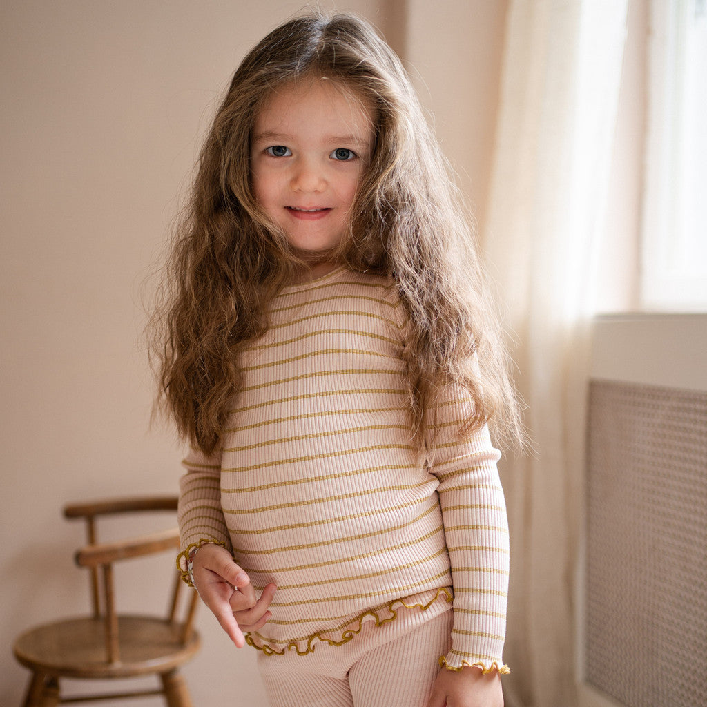 minimalisma Bergen-frill - Children's silk long sleeve top Blouse for kids Sweet Olive Stripes