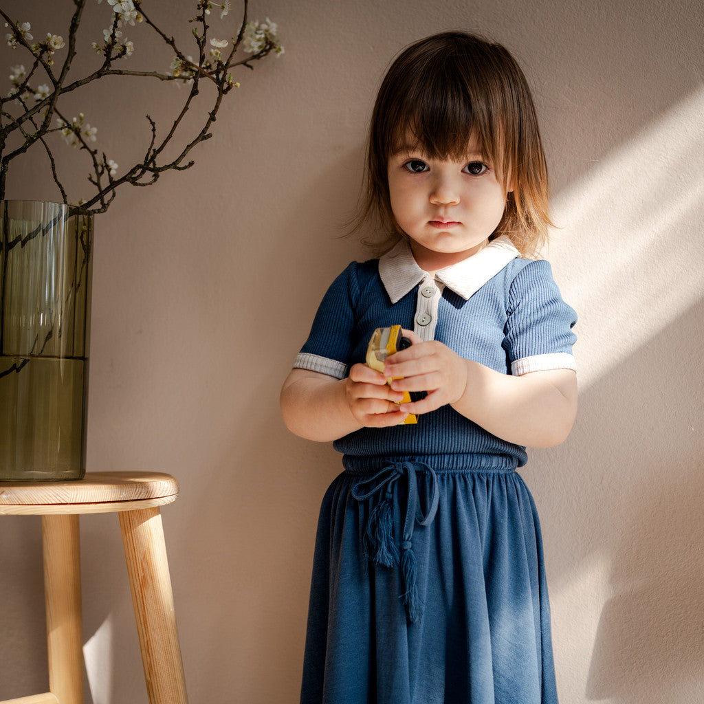 minimalisma Bolero - children's silk t-shirt with collar Blouse for kids Fjord Blue with Ecru