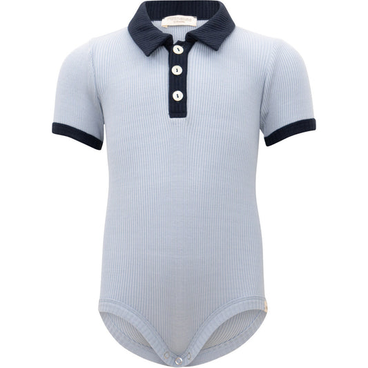 minimalisma Bolo - Baby silk short sleeve bodysuit with polo collar Body Clearwater with Dark Blue