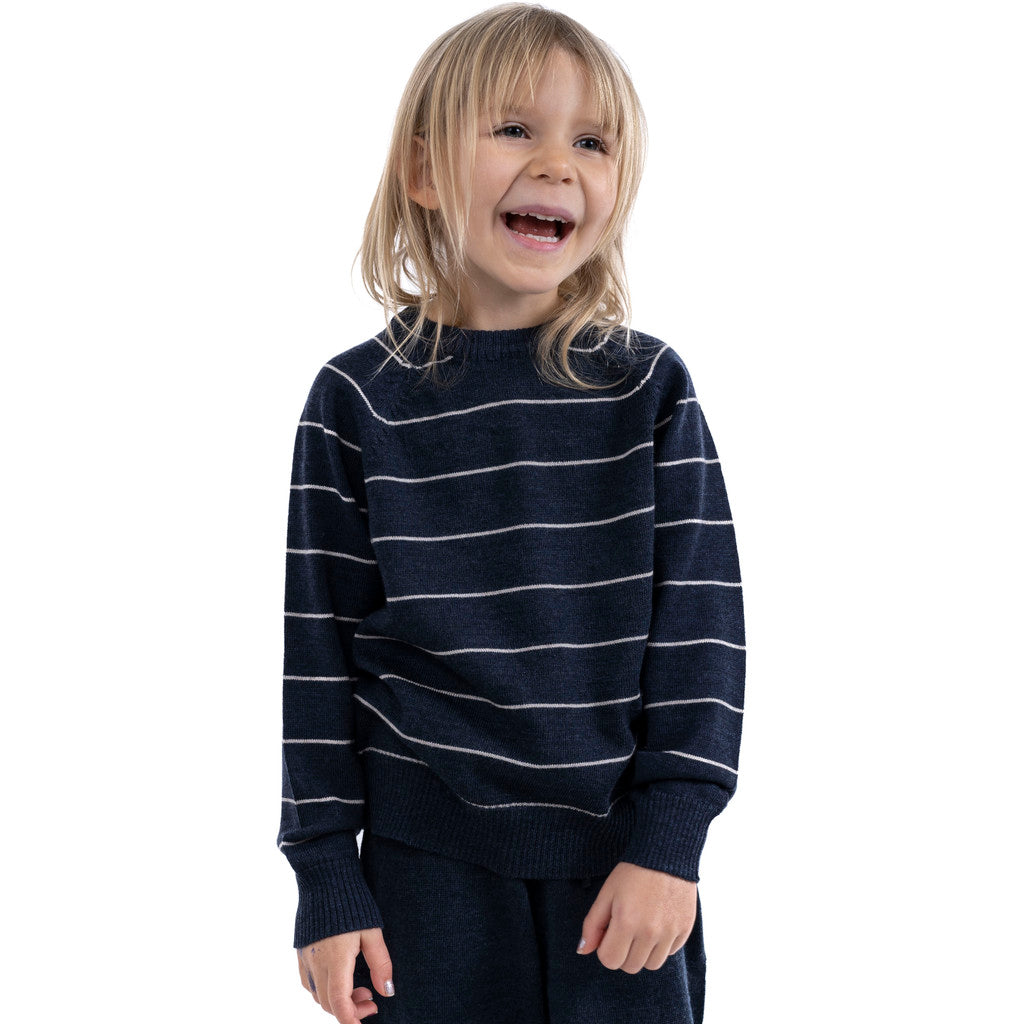 minimalisma Delmar - Baby and children's merino wool sweater Blouse for babies and kids Dark Blue Grey Stripes