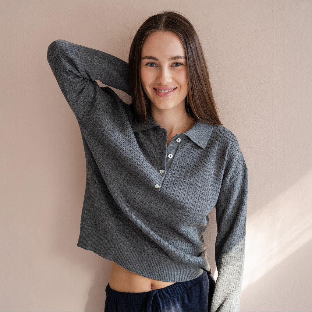 minimalisma Dita - Women's wool/cotton long sleeve polo shirt Blouse for women Dark Grey Melange