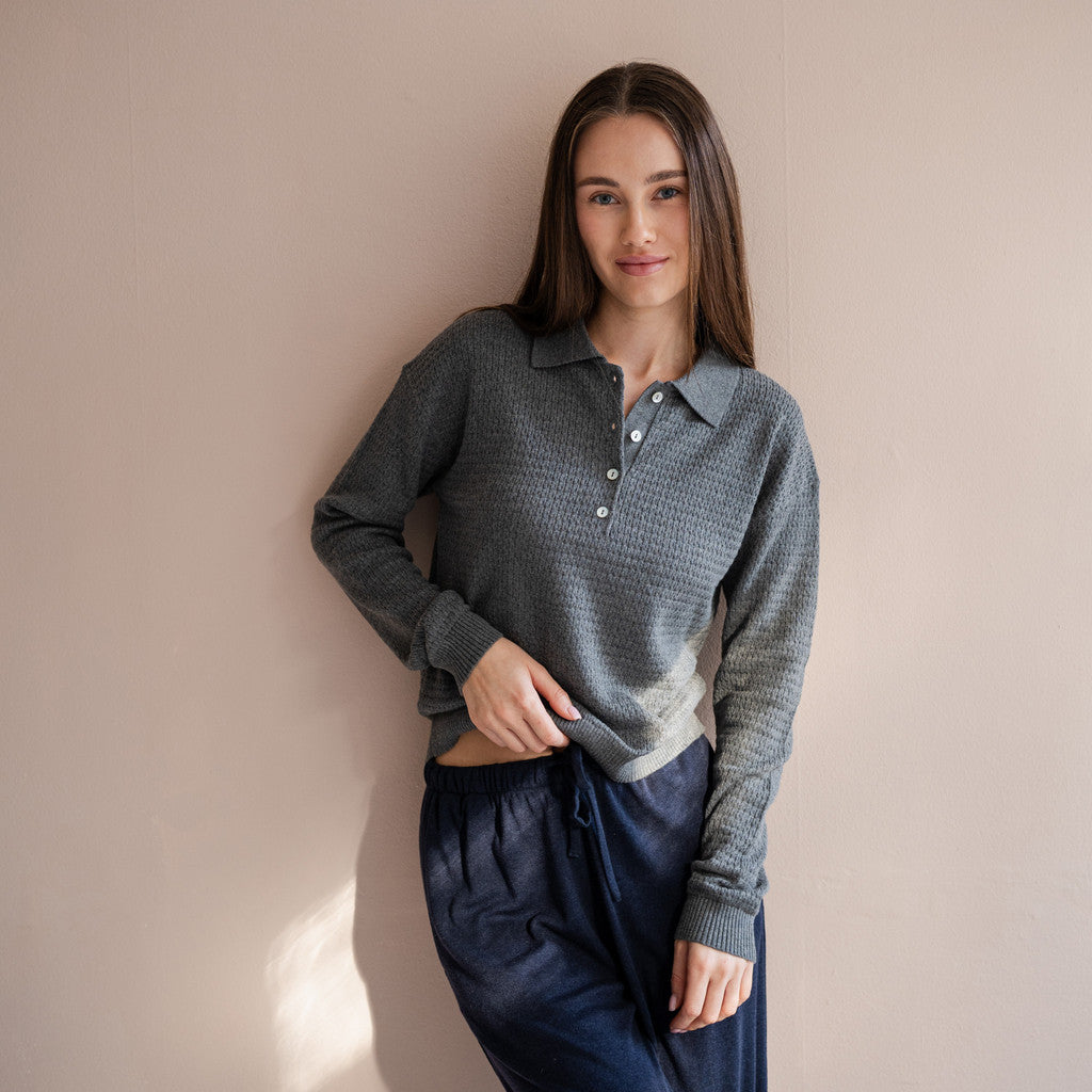 minimalisma Dita - Women's wool/cotton long sleeve polo shirt Blouse for women Dark Grey Melange