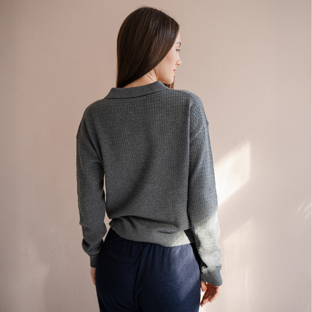 minimalisma Dita - Women's wool/cotton long sleeve polo shirt Blouse for women Dark Grey Melange