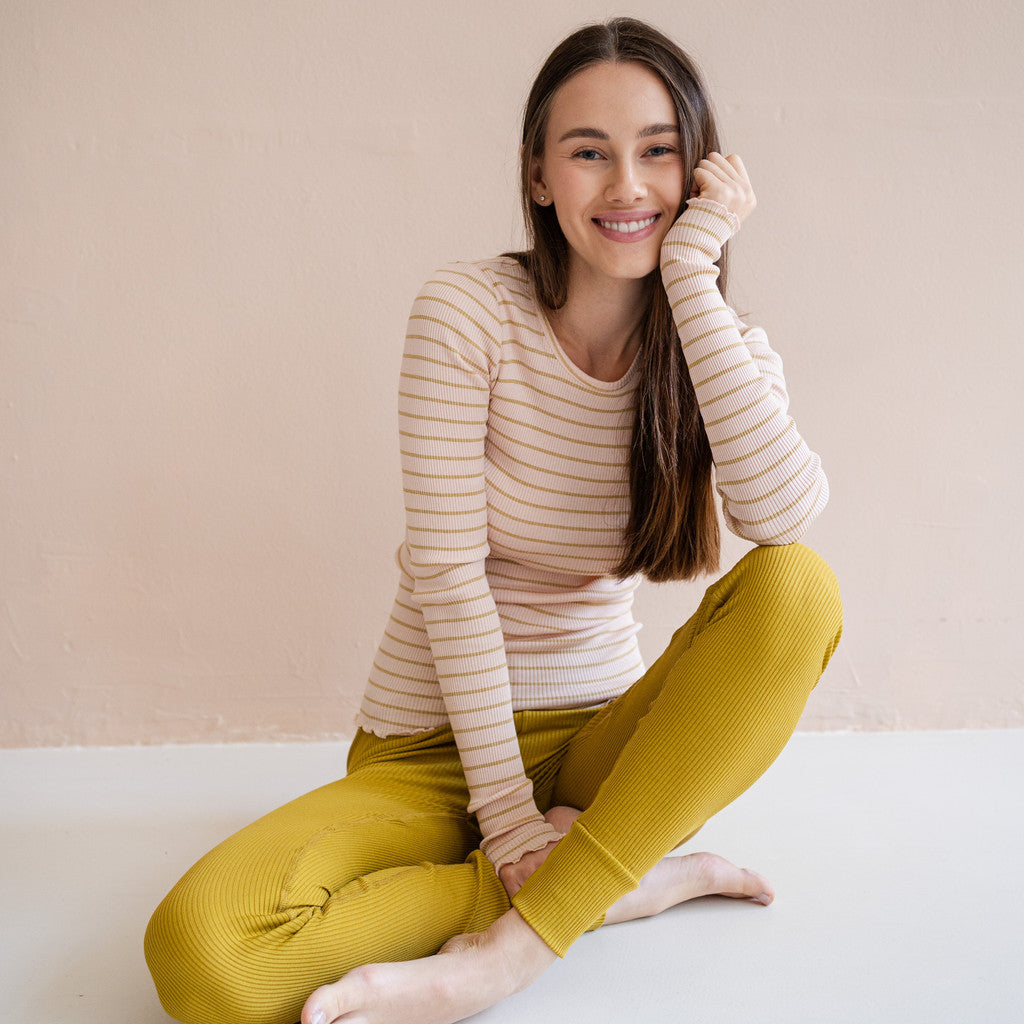 minimalisma Gerda-frill - Women's silk top with frilled edges Blouse for women Sweet Olive Stripes