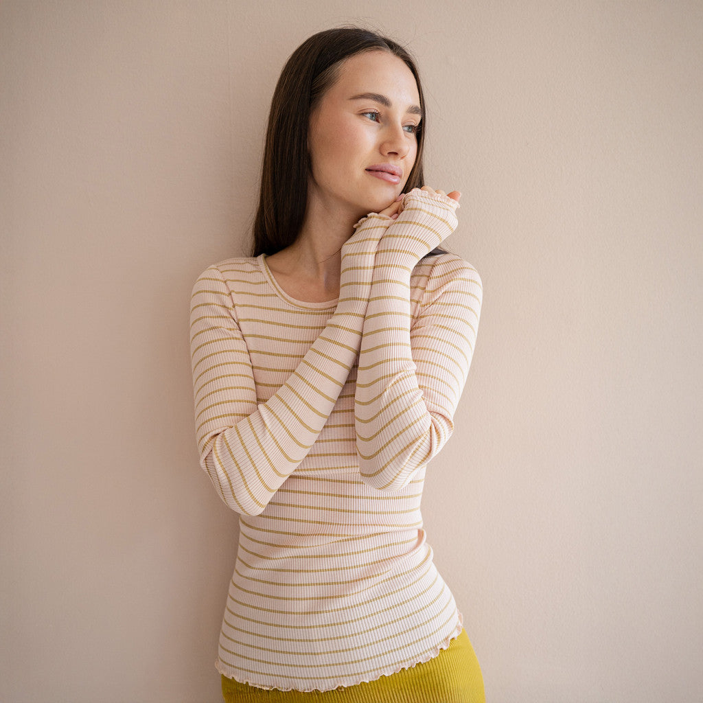 minimalisma Gerda-frill - Women's silk top with frilled edges Blouse for women Sweet Olive Stripes