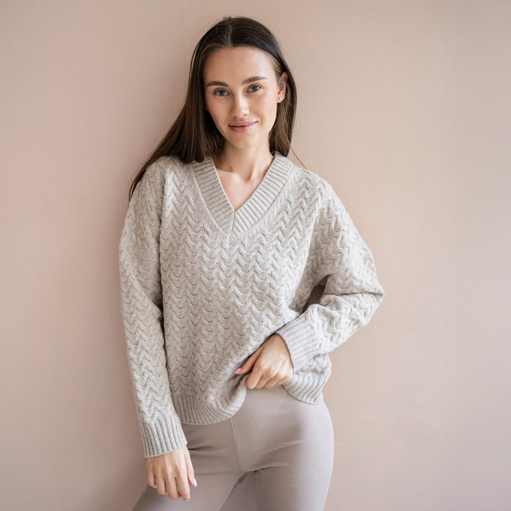 minimalisma Ingrid - Women's cashmere/lambswool cable knit sweater sweater Blouse for women Ecru Melange