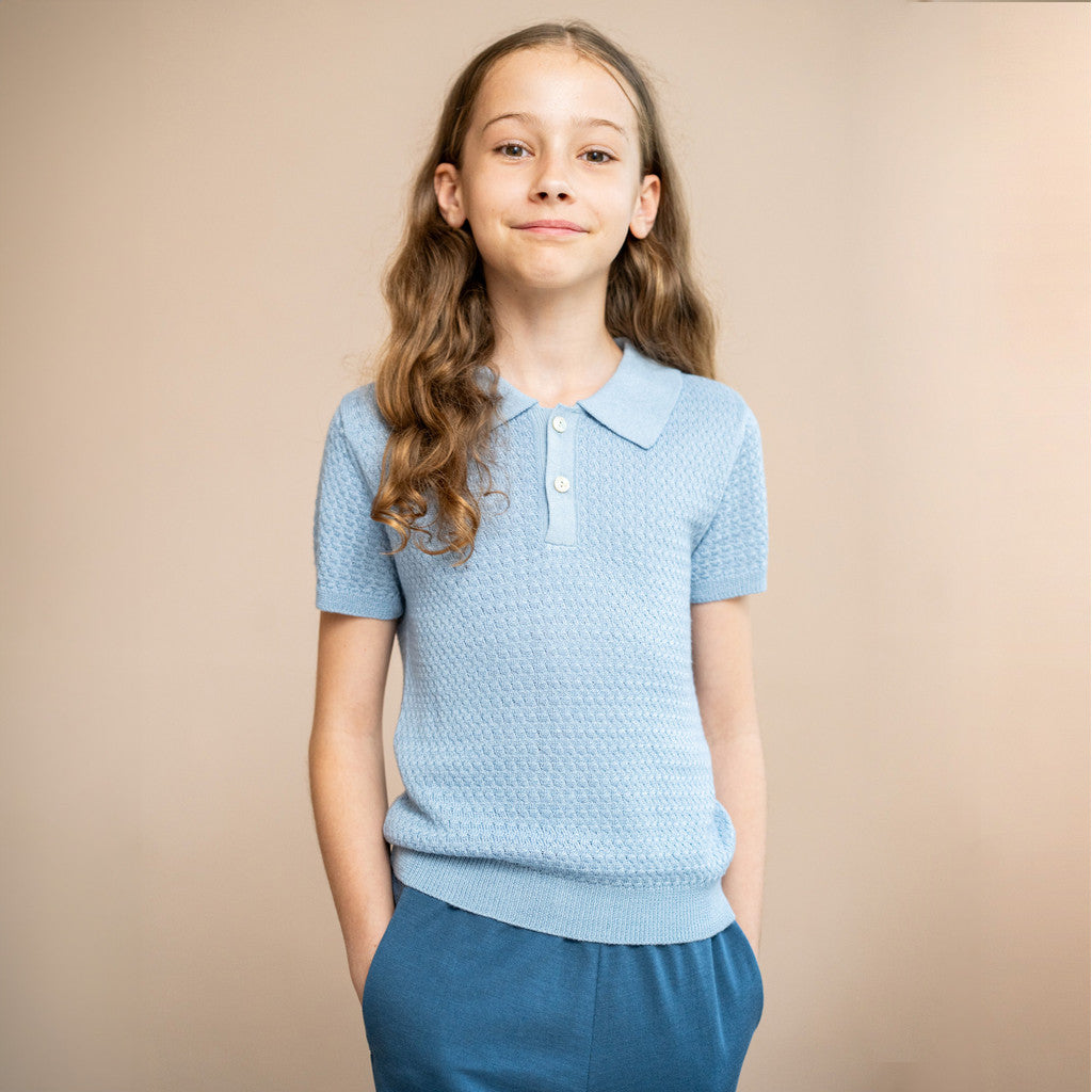 minimalisma Oxford silk-cashmere cable-knitted polo for kids Blouse for kids Sky