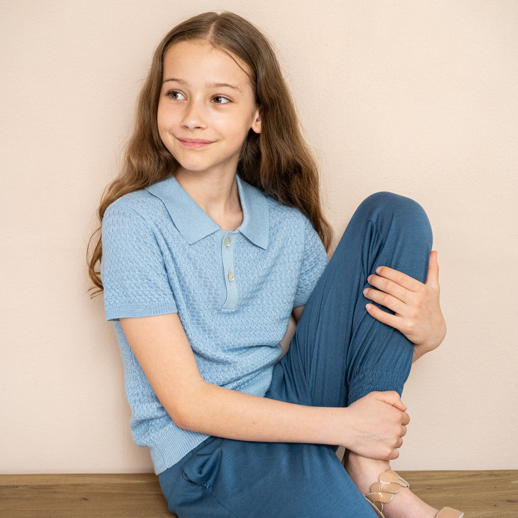 minimalisma Oxford silk-cashmere cable-knitted polo for kids Blouse for kids Sky