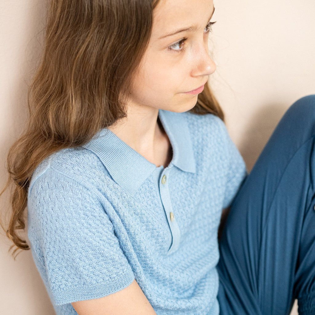 minimalisma Oxford silk-cashmere cable-knitted polo for kids Blouse for kids Sky