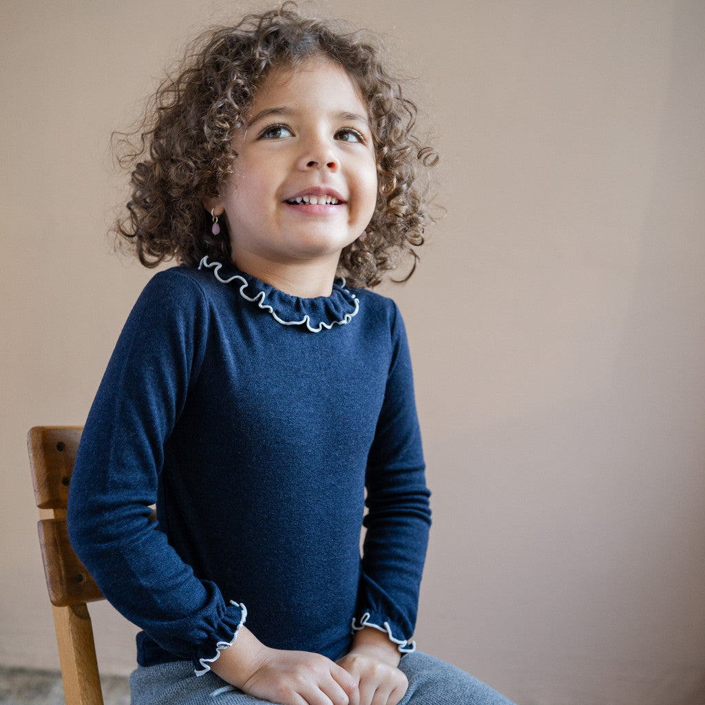 minimalisma Tamara - Children's wool/silk long sleeve top Blouse for kids Night with White contrast