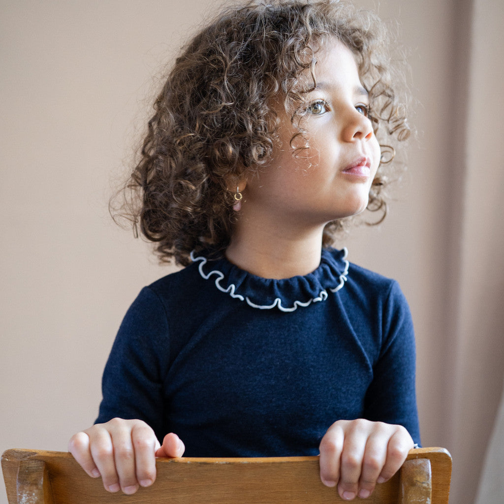 minimalisma Tamara - Children's wool/silk long sleeve top Blouse for kids Night with White contrast