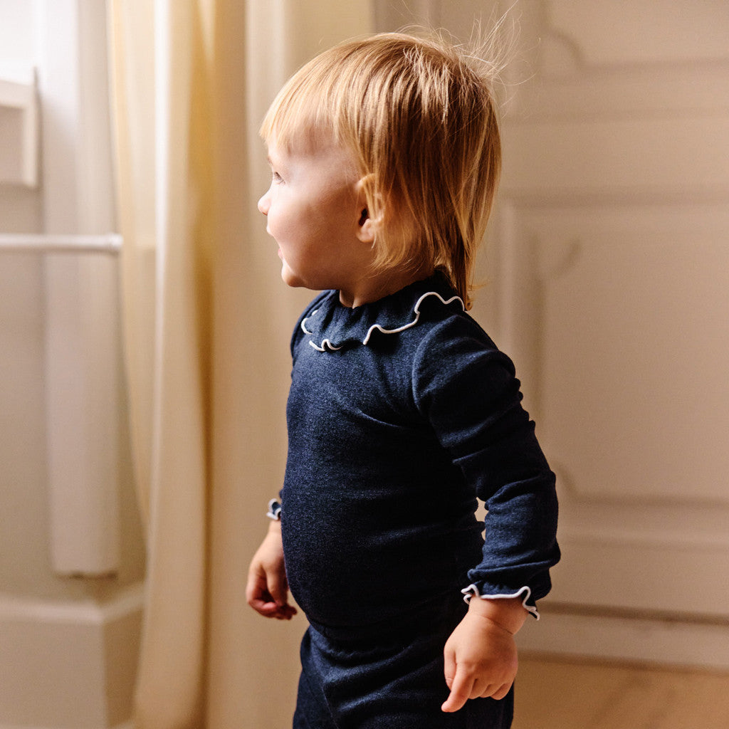 minimalisma Tiara - Baby wool/silk long sleeve collared bodysuit Body Night with White contrast