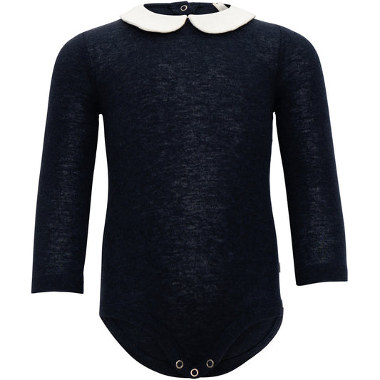 minimalisma Tinker - Baby wool/silk long sleeve collared bodysuit Body Night with White contrast