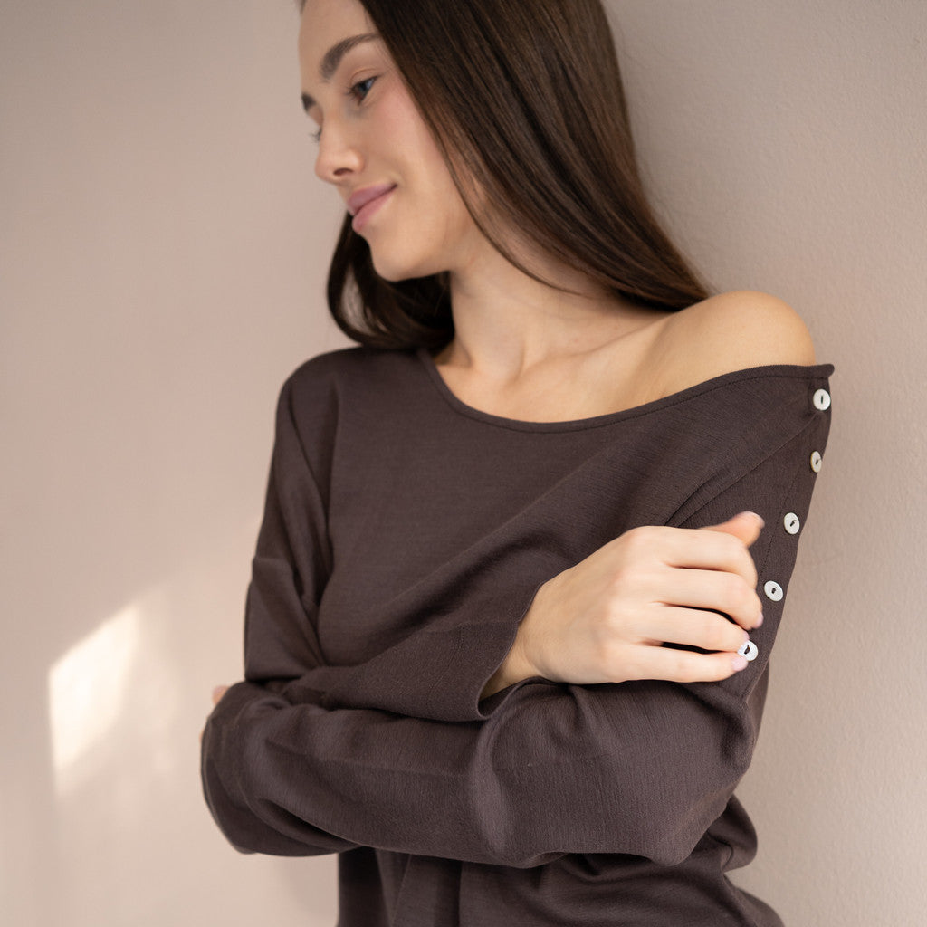 minimalisma Vega - Women's wool long sleeve top Blouse for women Dark Chocolate