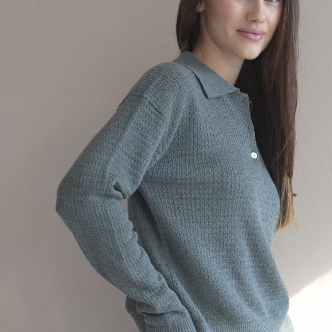 minimalisma Dita - Women's wool/cotton long sleeve polo shirt Blouse for women Dark Grey Melange