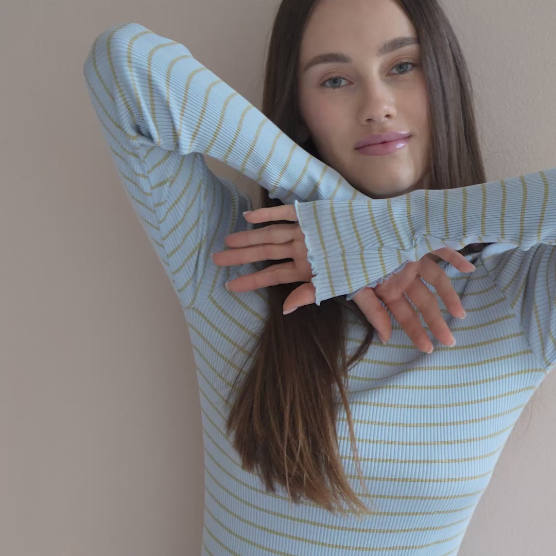 minimalisma Gerda-frill - Women's silk top with frilled edges Blouse for women Clear Olive Stripes