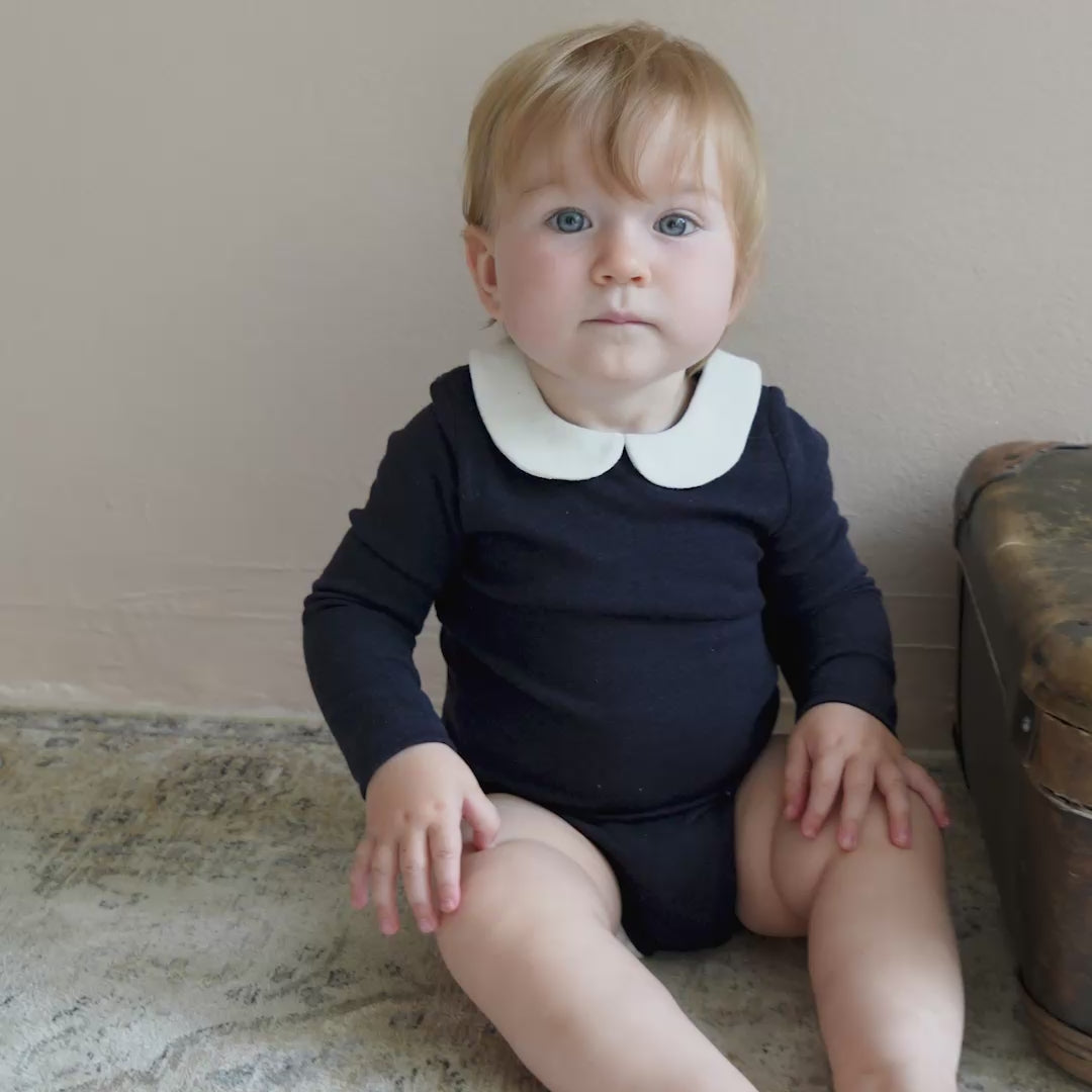 minimalisma Tinker - Baby wool/silk long sleeve collared bodysuit Body Night with White contrast