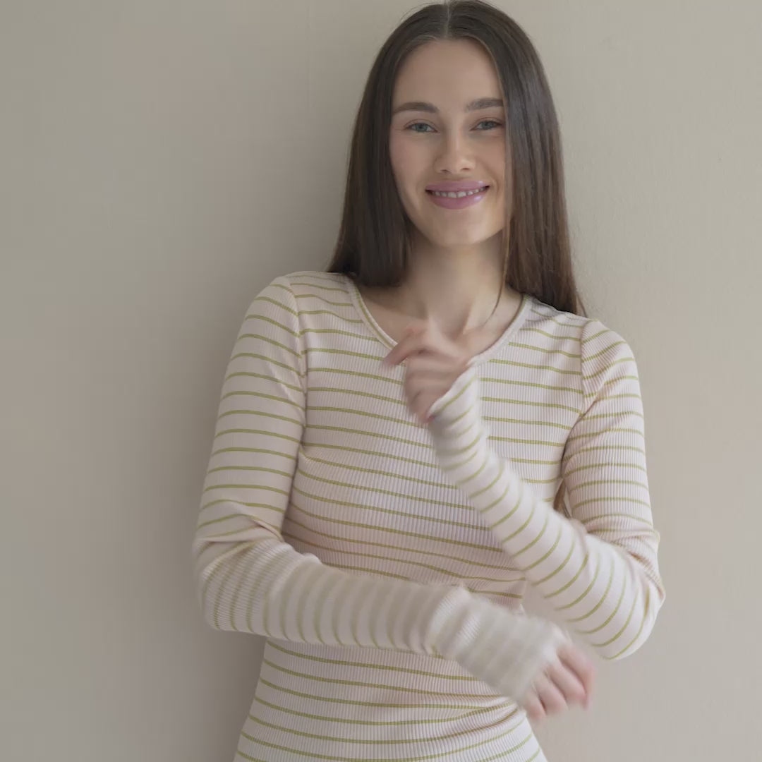 minimalisma Gerda-frill - Women's silk top with frilled edges Blouse for women Sweet Olive Stripes