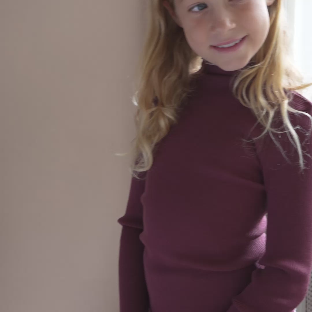 minimalisma Atlantic-frill - Children's wool long sleeve top Blouse for kids Bordeaux with Peony