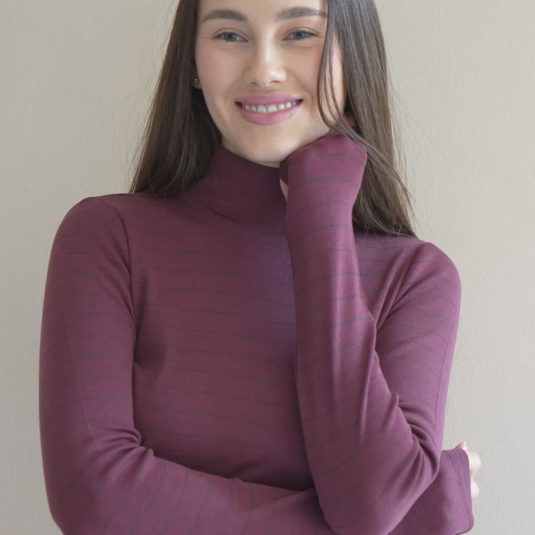 minimalisma Vakrast - Women's wool long sleeve turtleneck Blouse for women Bordeaux Stripes