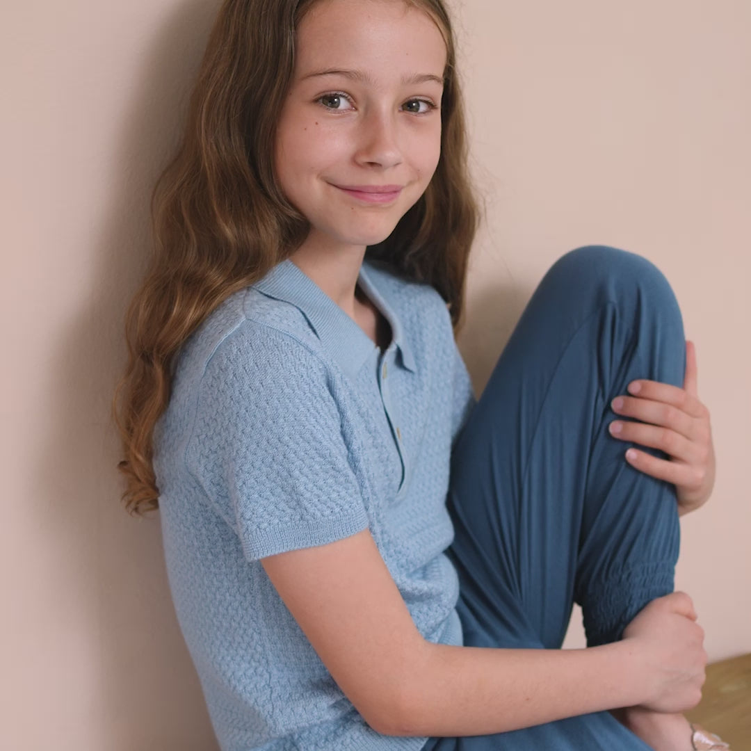 minimalisma Oxford silk-cashmere cable-knitted polo for kids Blouse for kids Sky